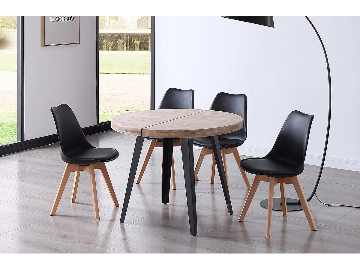 Table à manger, table de repas ronde extensible en bois coloris chêne miel, pieds en métal coloris noir  - diamètre 120-200 x hauteur 76 cm