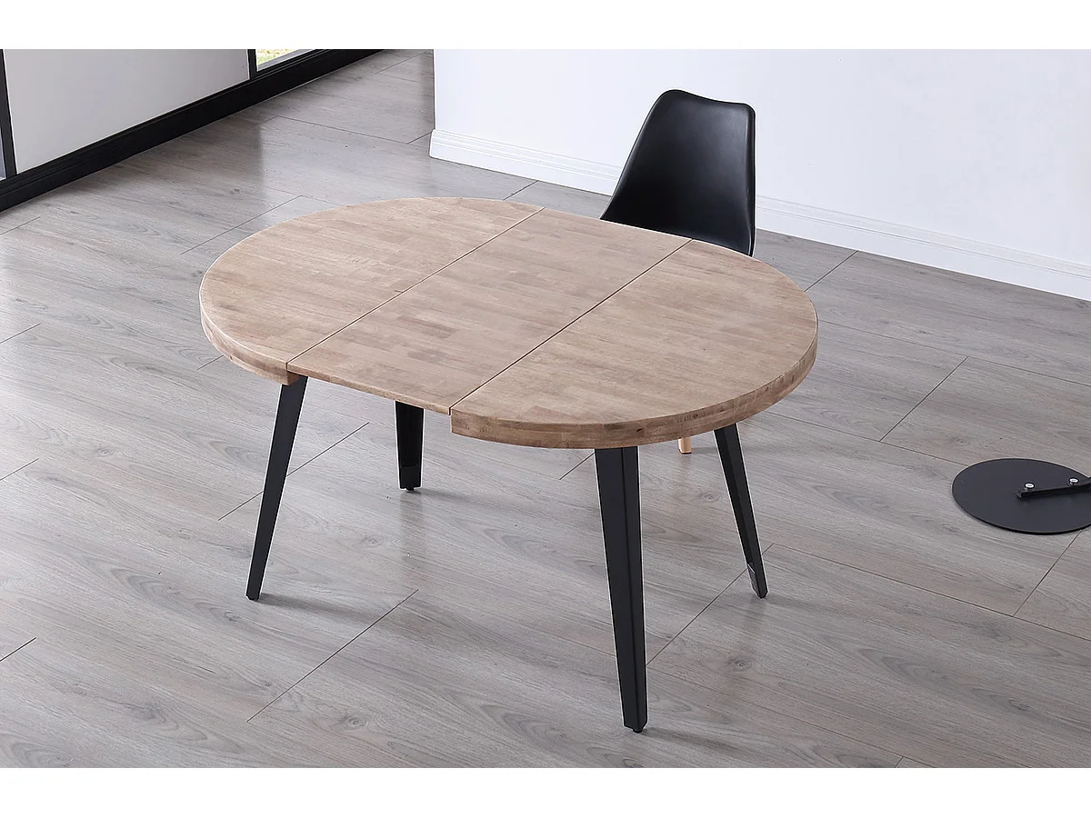 Table à manger, table de repas ronde extensible en bois coloris chêne miel, pieds en métal coloris noir  - diamètre 120-200 x hauteur 76 cm