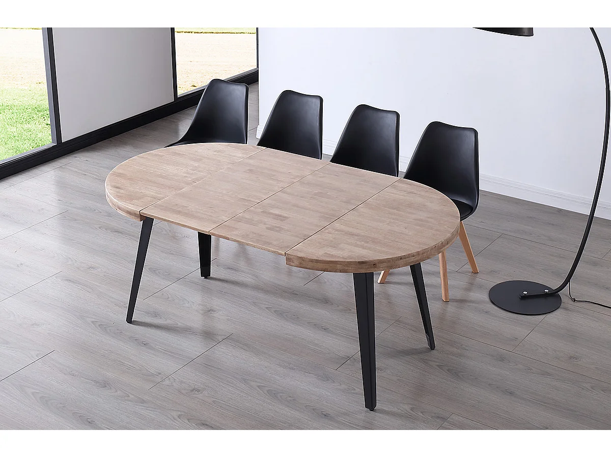 Table à manger, table de repas ronde extensible en bois coloris chêne miel, pieds en métal coloris noir  - diamètre 120-200 x hauteur 76 cm