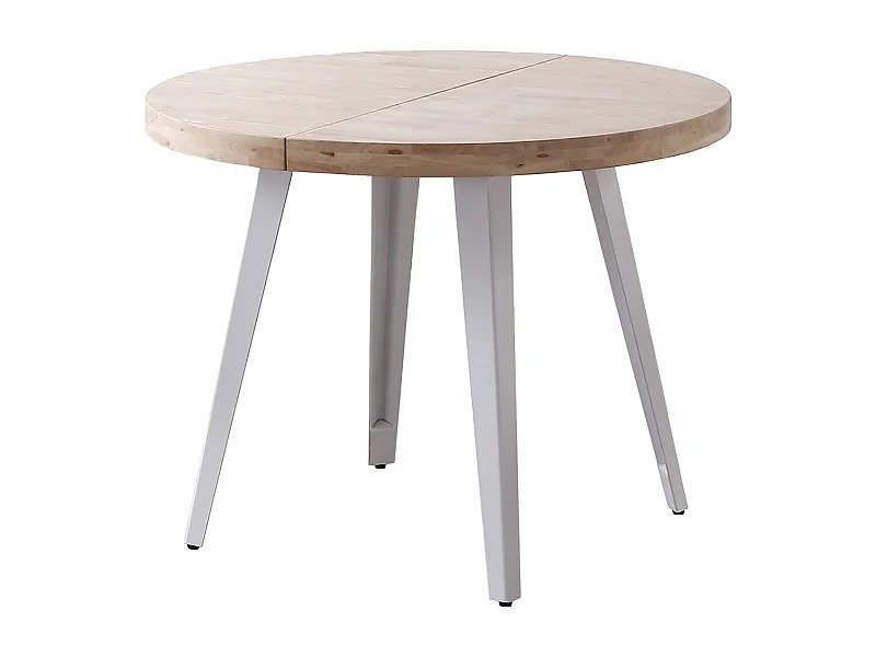 Table à manger, table de repas ronde extensible en bois coloris chêne nordique, pieds en métal coloris blanc  - diamètre 120-200  x hauteur 76 cm