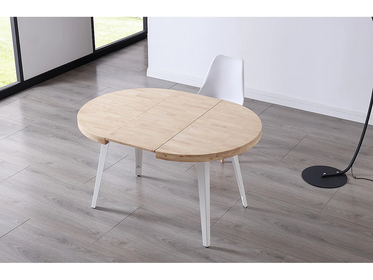 Table à manger, table de repas ronde extensible en bois coloris chêne nordique, pieds en métal coloris blanc  - diamètre 120-200  x hauteur 76 cm