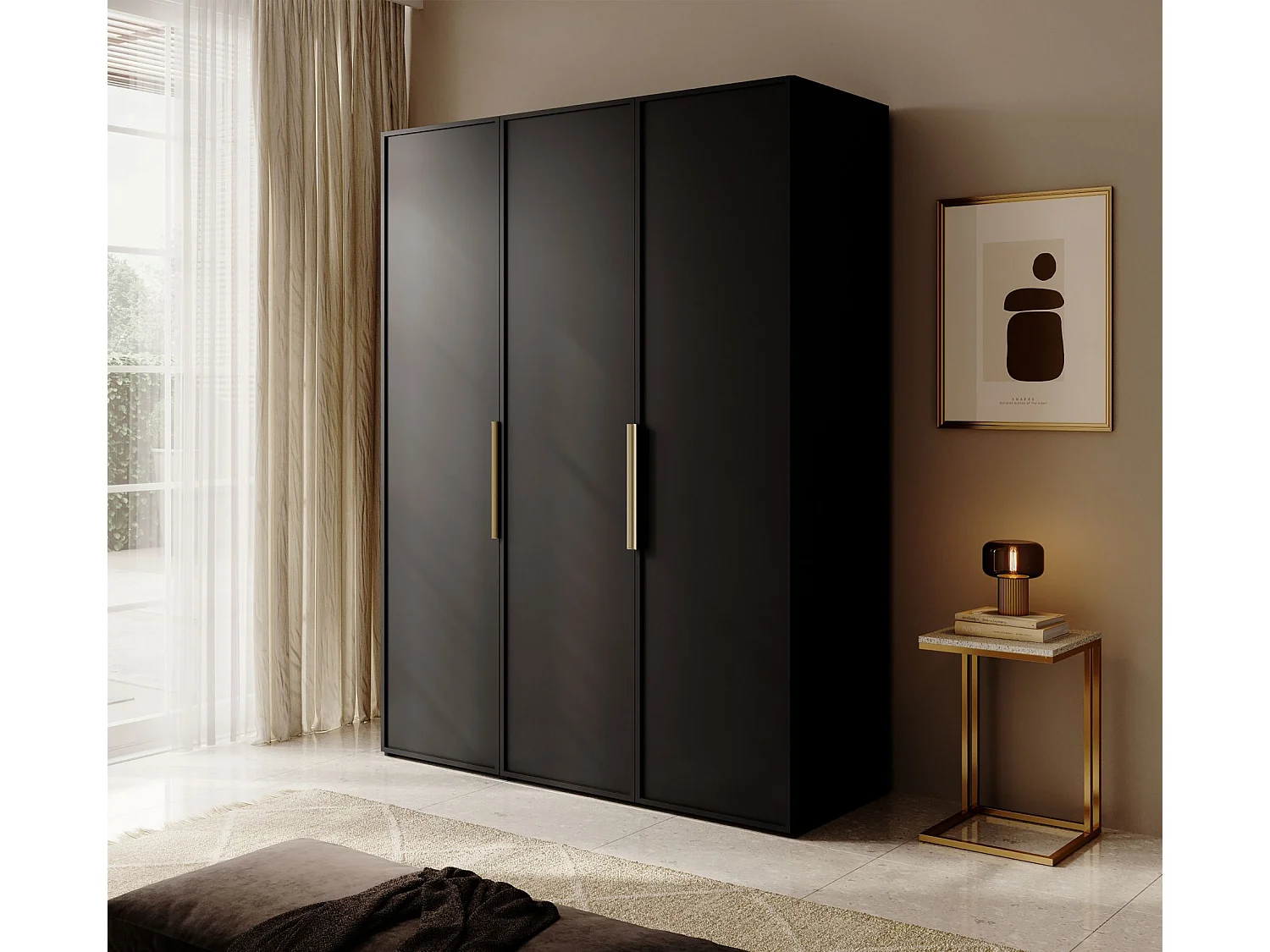Armoire 3 portes avec deux tringles - 150 cm - noir- FRAME