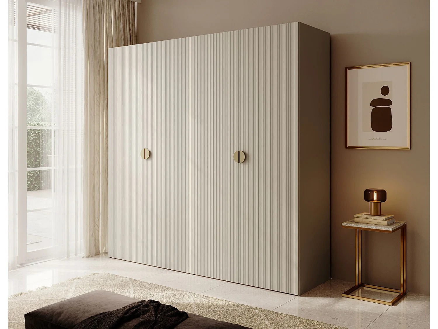 Armoire 4 portes avec 2 tringle et tiroirs - 200 cm - grège - MOONIR