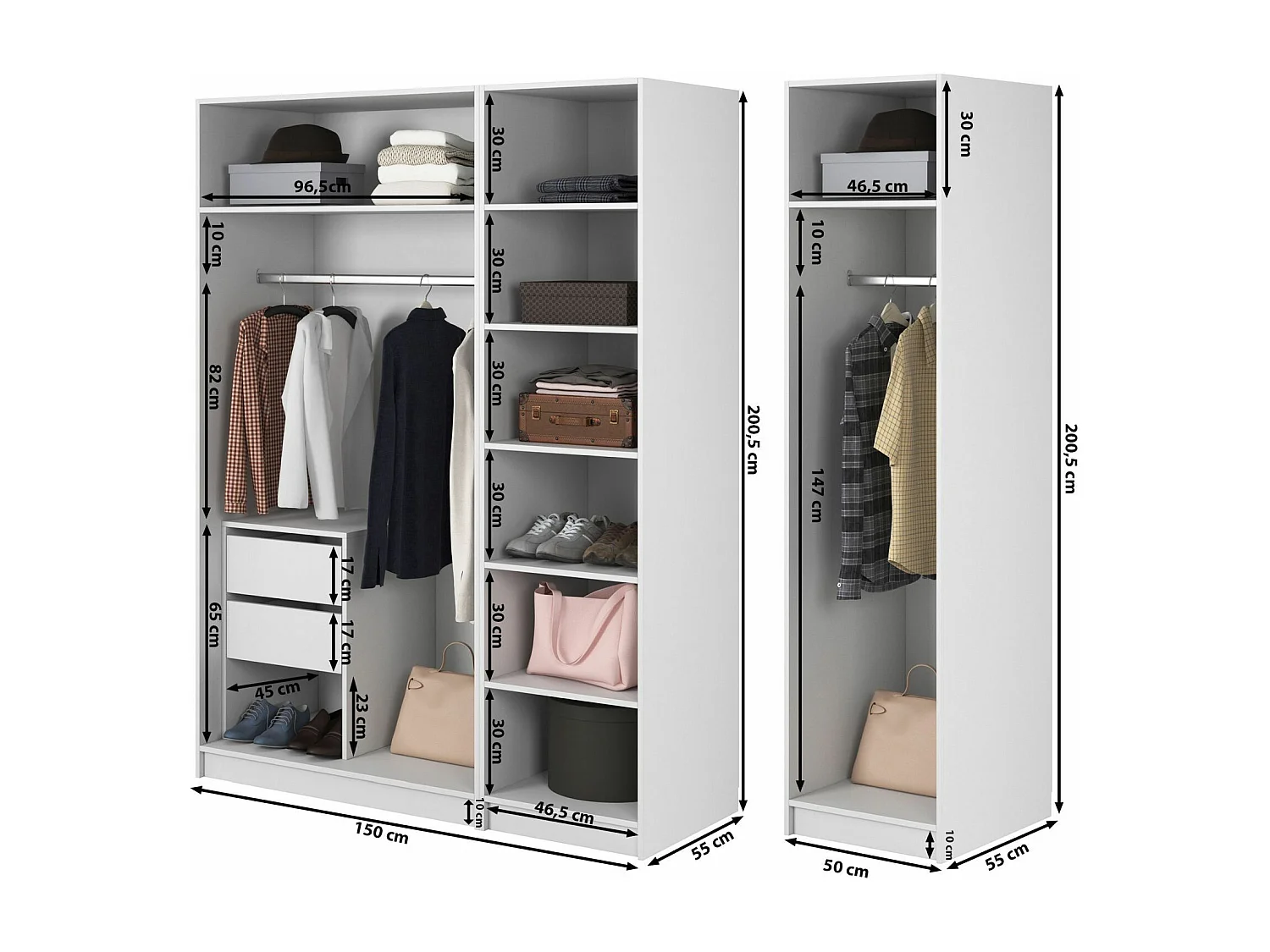 Armoire 4 portes avec 2 tringle et tiroirs - 200 cm - grège - MOONIR