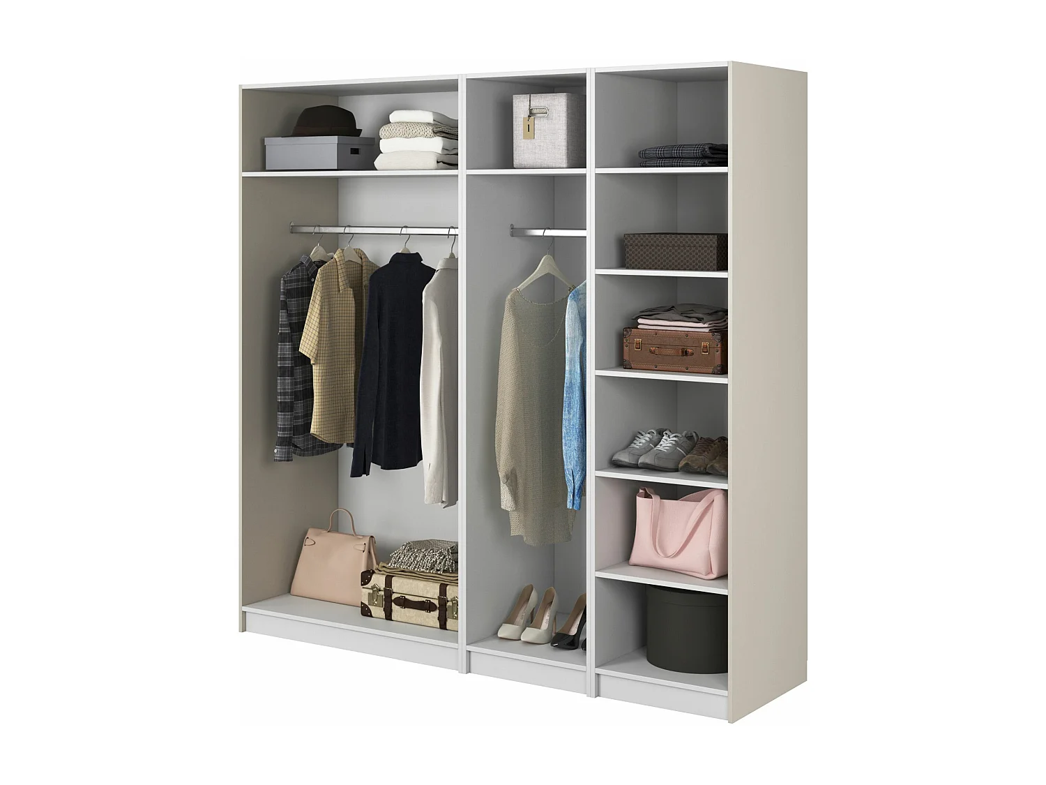 Armoire 4 portes avec 2 tringles et étagères - 200 cm - grège - FRAME