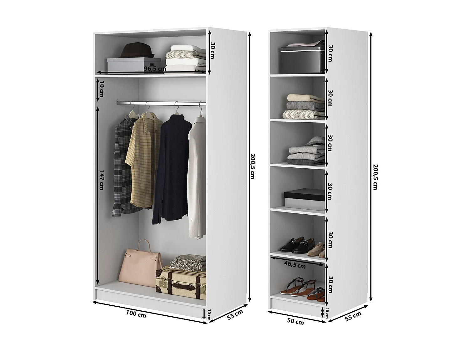 3-deurs kledingkast met lange roede en 7 legplanken - 150 cm - wit - FRAME