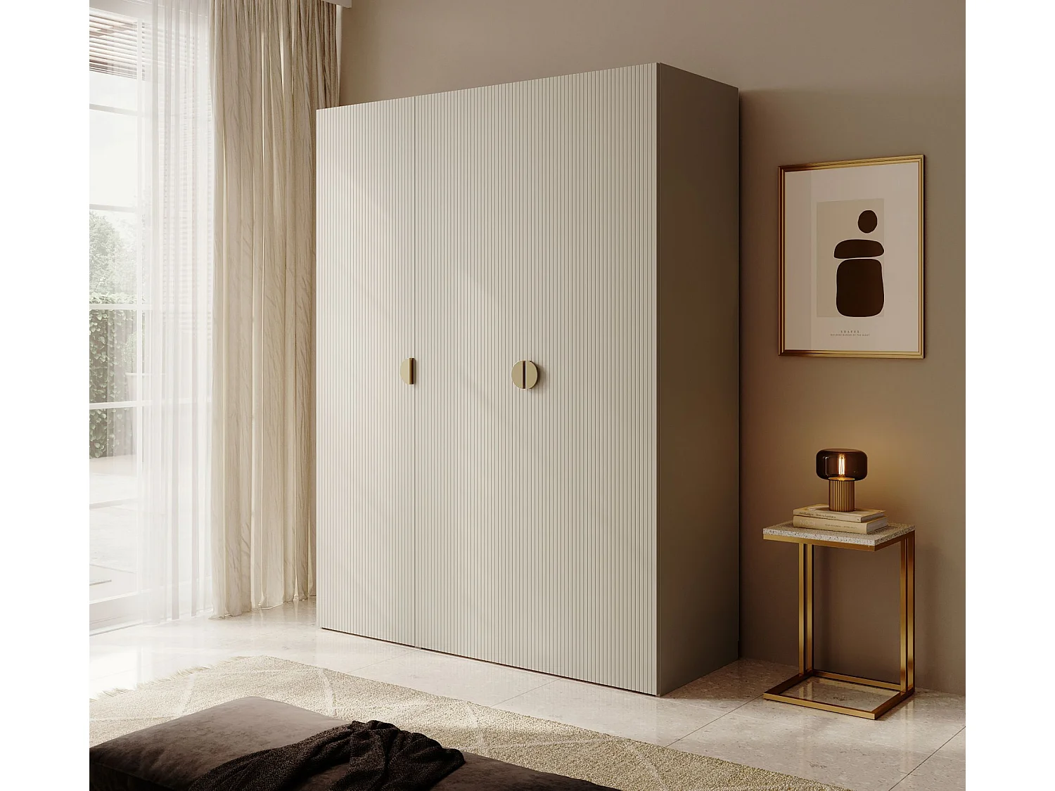 Armoire 3 portes avec longue tringle et tiroirs - 150 cm - grège - MOONIR