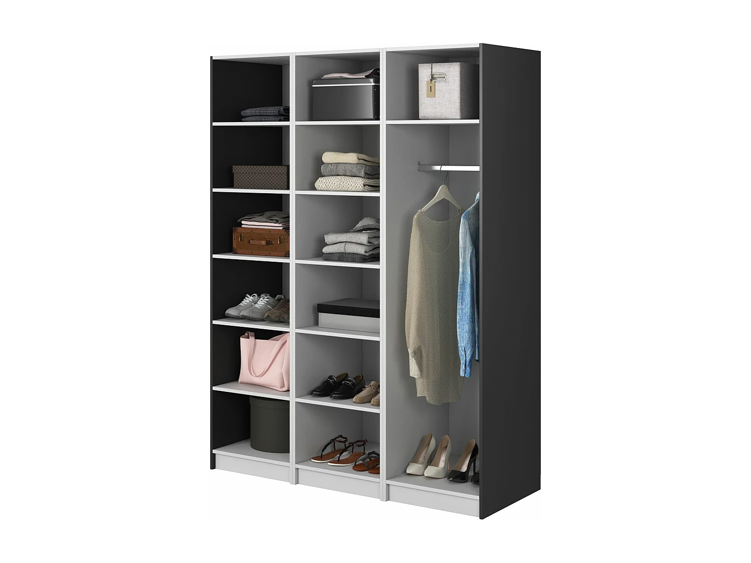 Armoire 3 portes avec tringle et étagères - 150 cm - noir - MOONIR