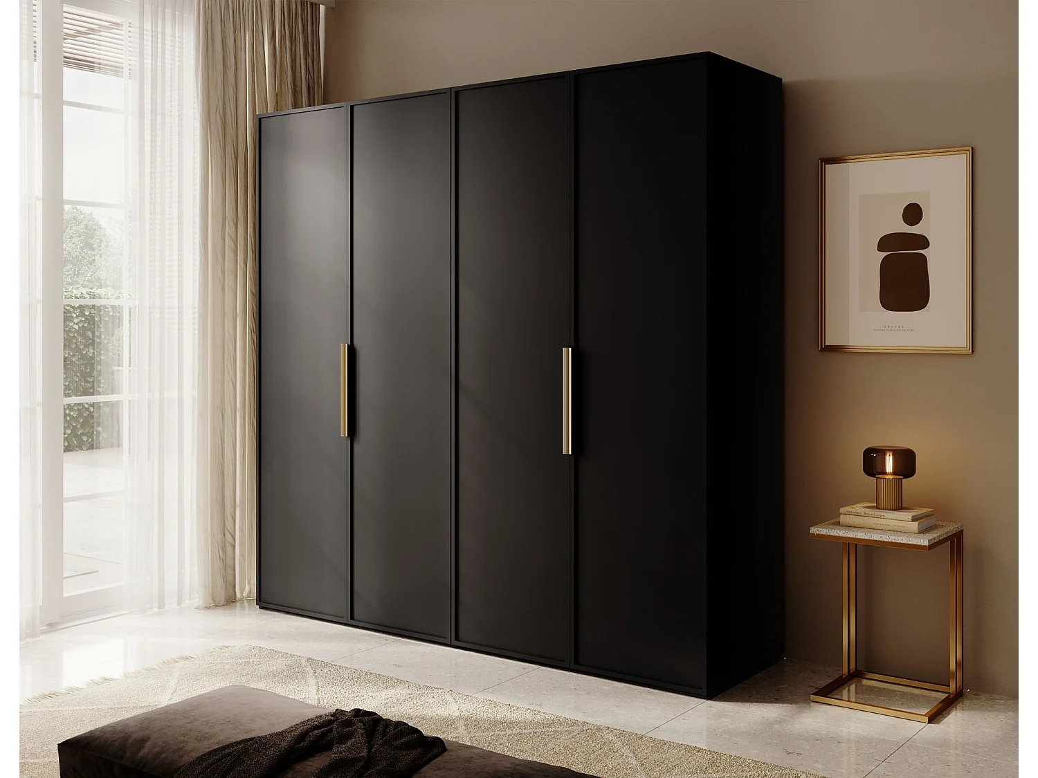 4-deurs kledingkast met 2 roedes en planken - 200 cm - zwart - FRAME