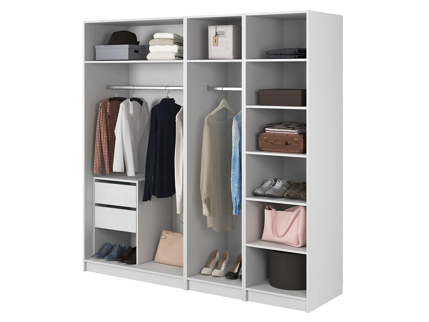 Armoire 4 portes avec 2 tringle et tiroirs - 200 cm - blanc - FRAME
