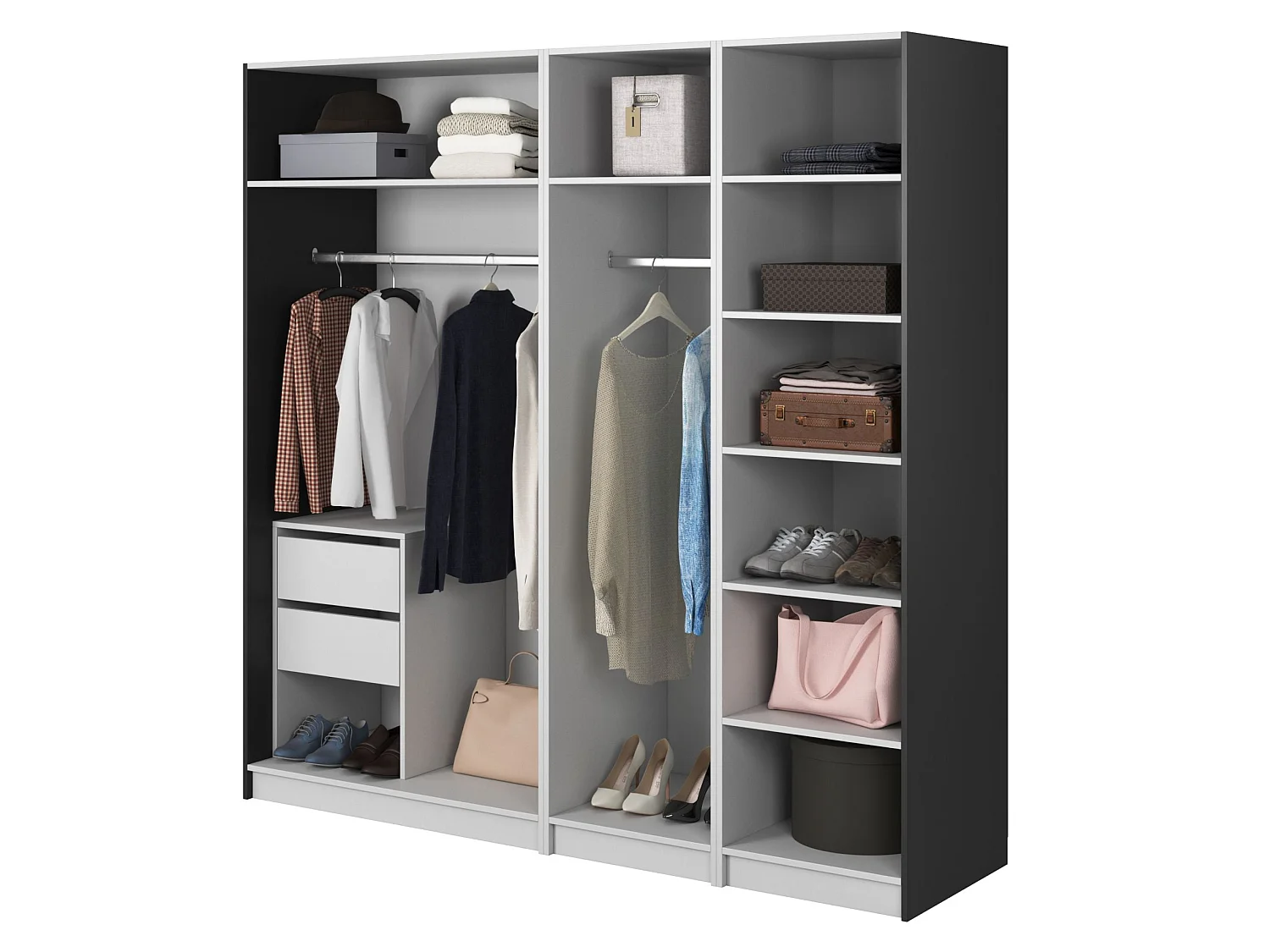 Armoire 4 portes avec 2 tringle et tiroirs - 200 cm - noir - MOONIR
