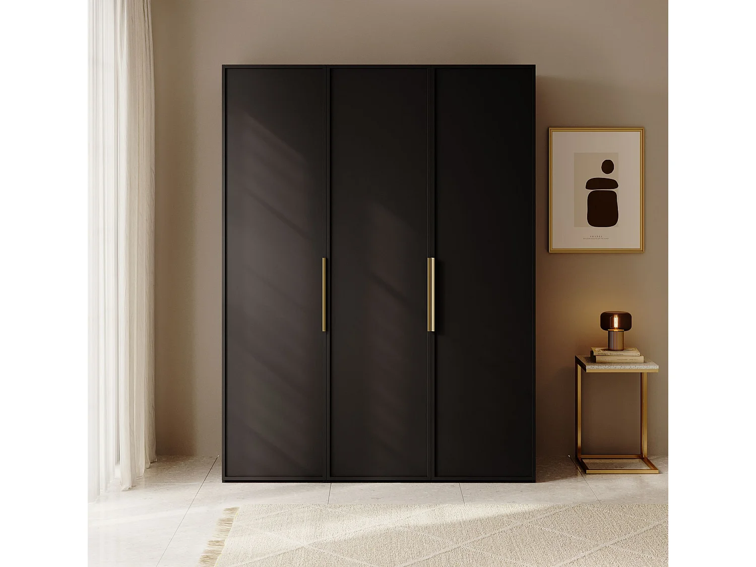 Armoire 3 portes avec longue tringle et 7 étagères - 150 cm - noir - FRAME