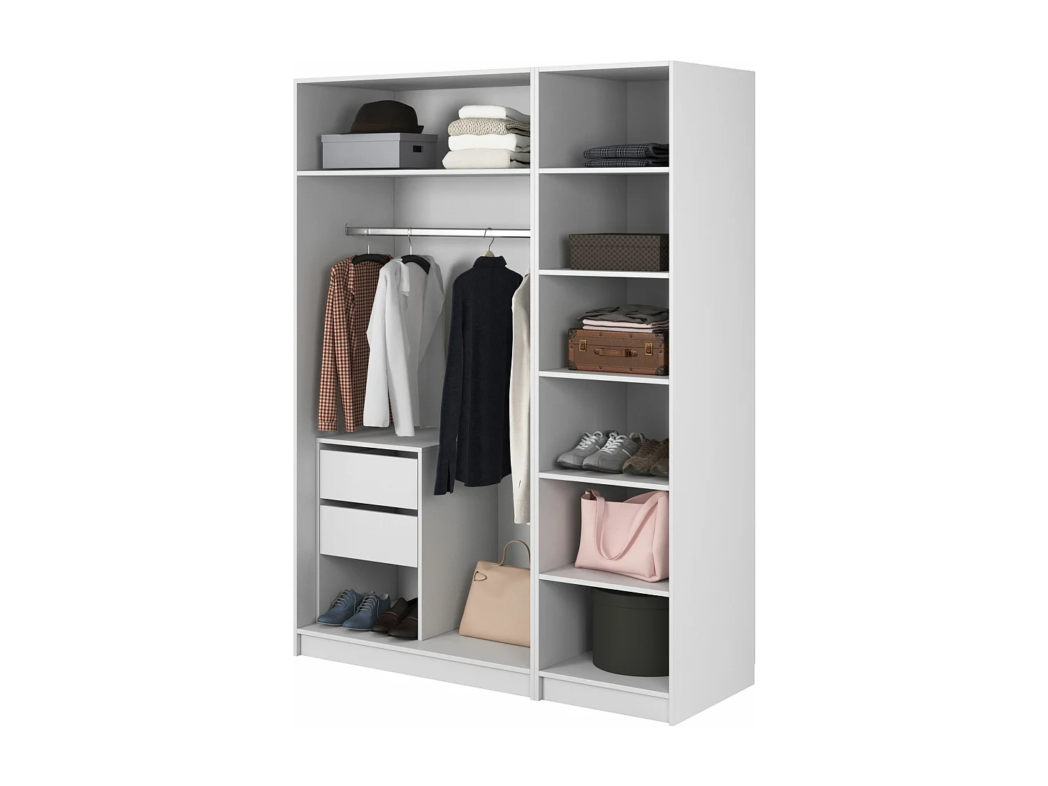 Armoire 3 portes avec longue tringle et tiroirs - 150 cm - blanc - MOONIR