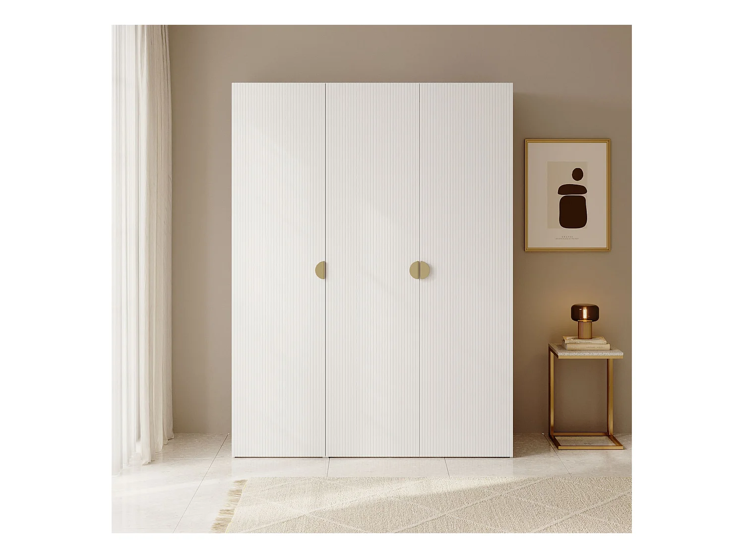Armoire 3 portes avec longue tringle et tiroirs - 150 cm - blanc - MOONIR