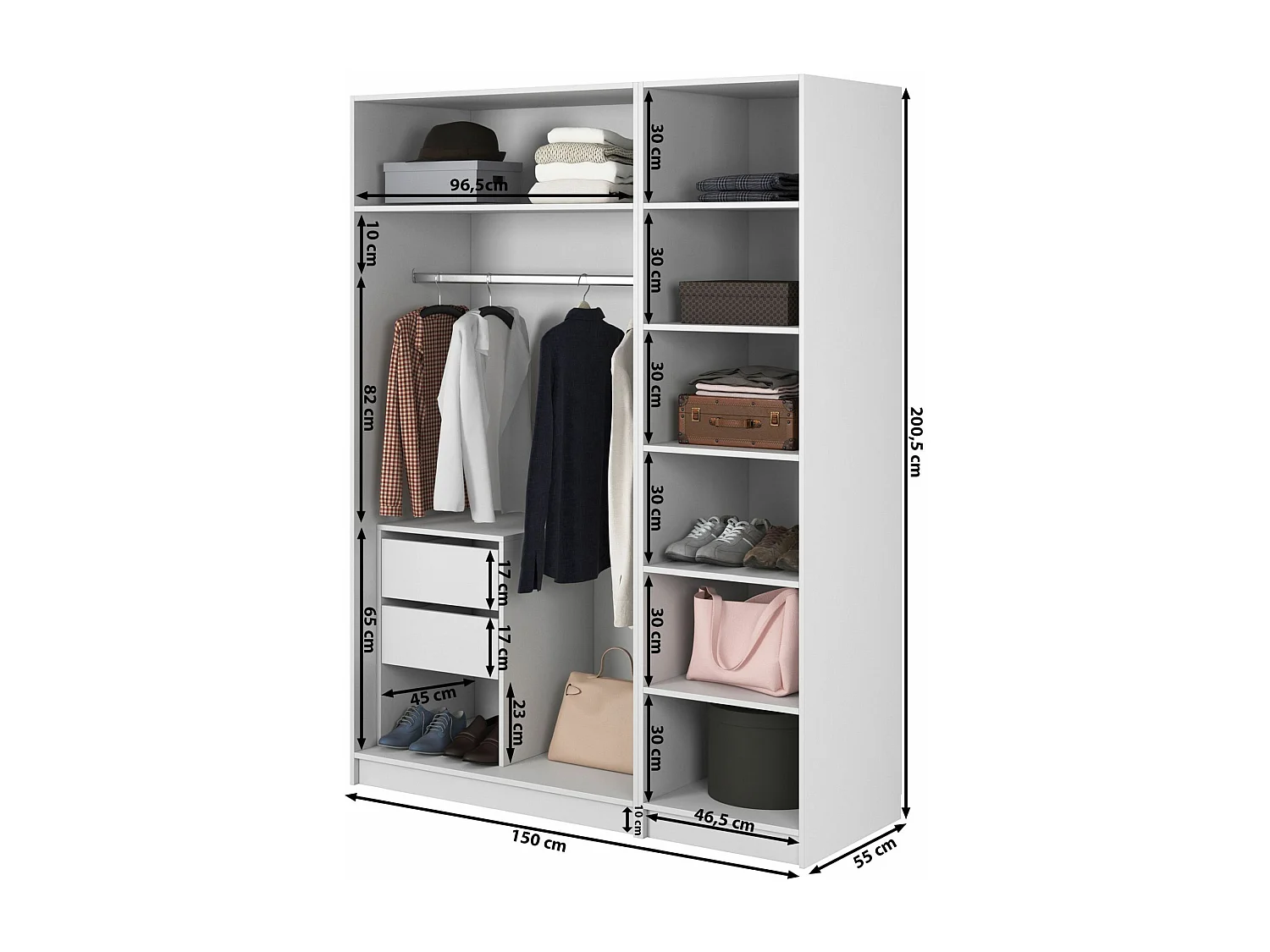 Kleiderschrank 3T mit langer Stange & Schubladen - 150 cm - weiß - MOONIR