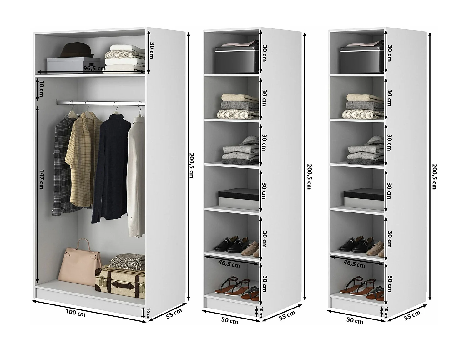 Armoire 4 portes avec tringle et étagères - 200 cm - noir - FRAME