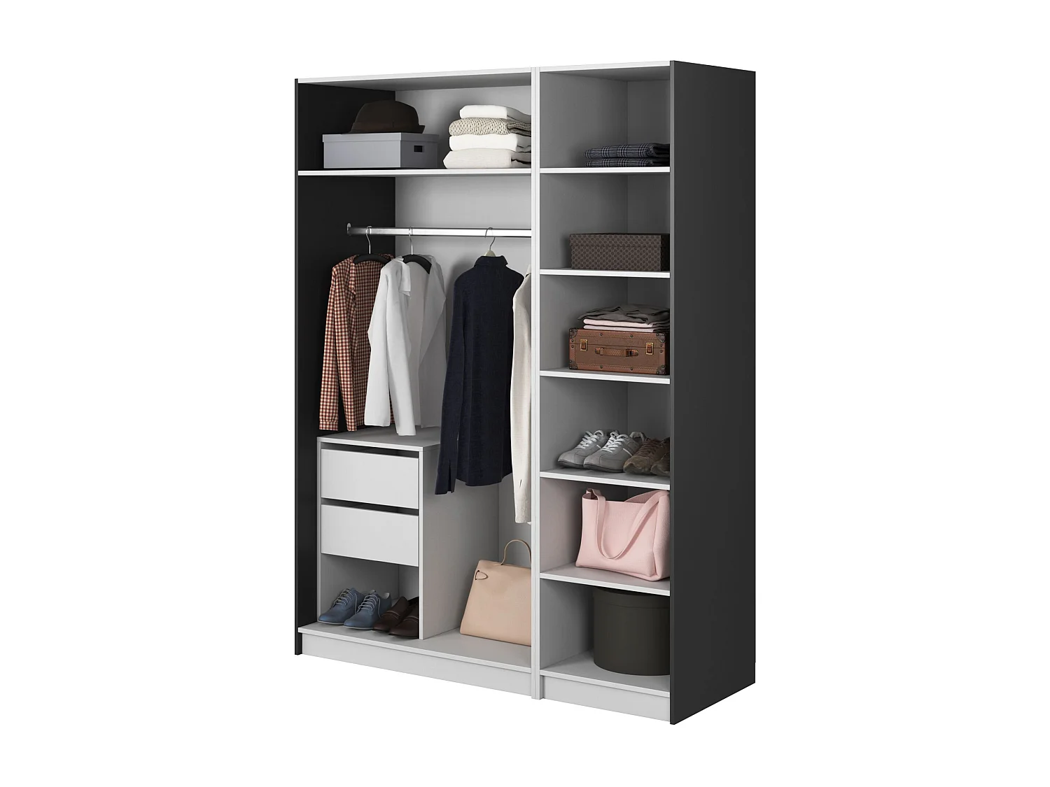 Armoire 3 portes avec longue tringle et tiroirs - 150 cm - noir - MOONIR