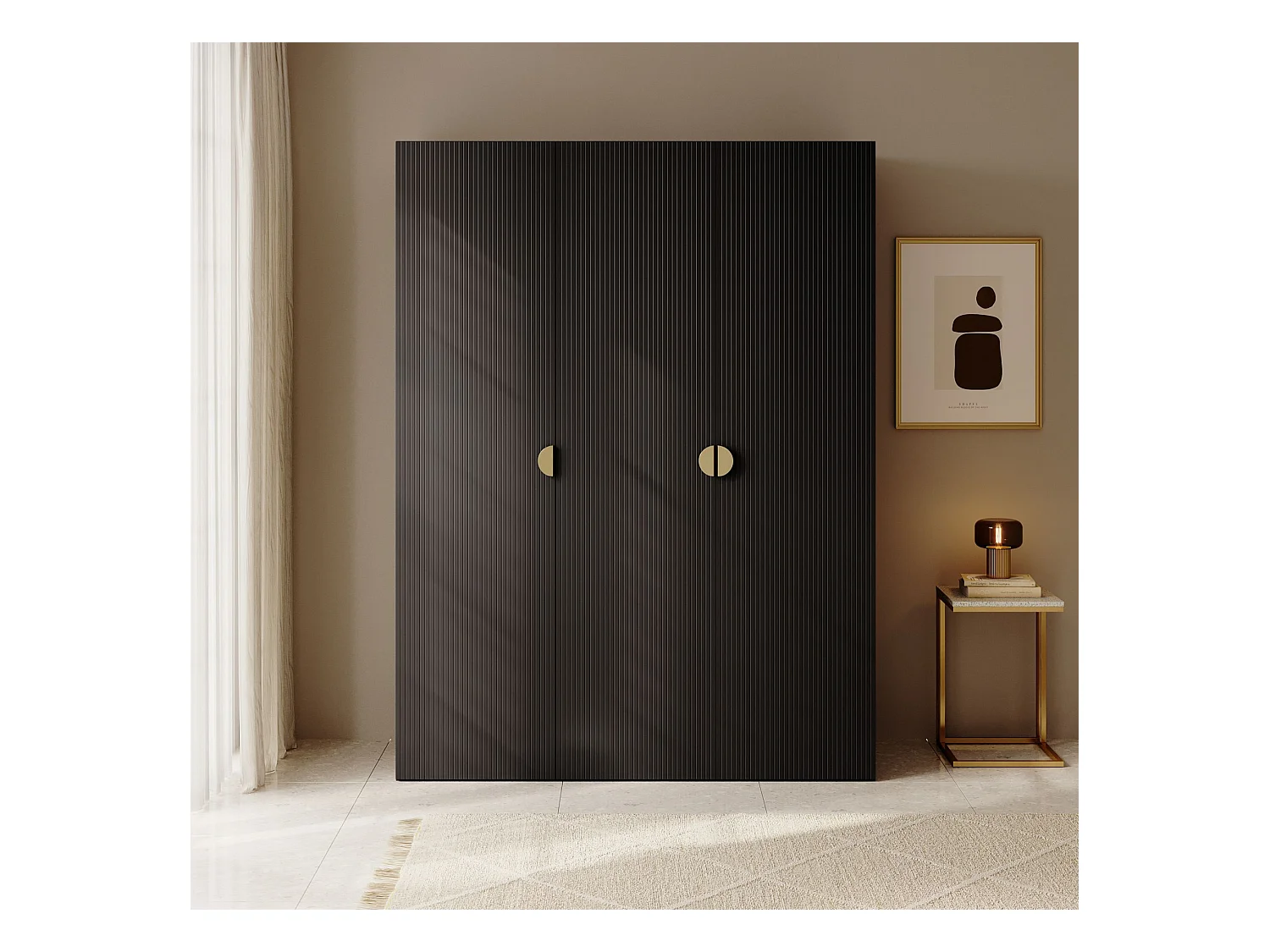 Armoire 3 portes avec longue tringle et tiroirs - 150 cm - noir - MOONIR