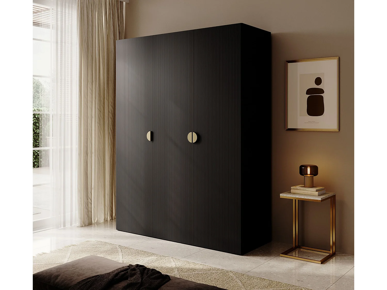 Armoire 3 portes avec longue tringle et tiroirs - 150 cm - noir - MOONIR
