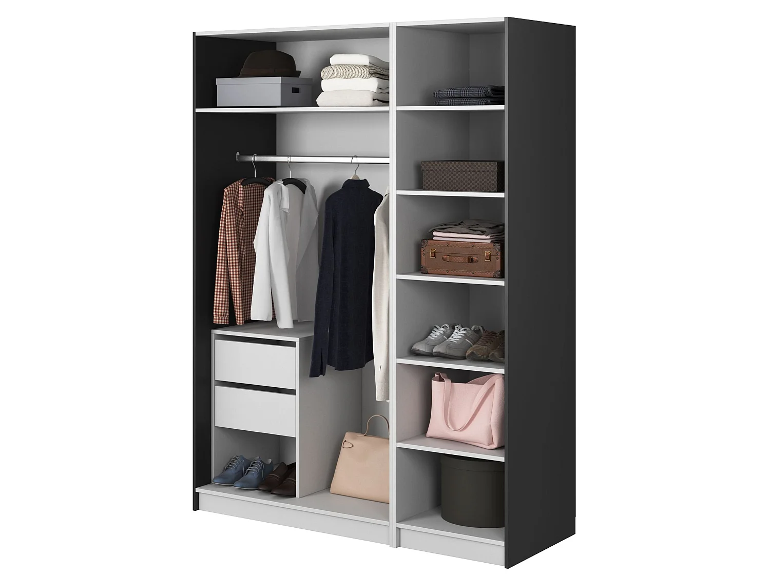 Armoire 3 portes avec longue tringle et tiroirs - 150 cm - noir - MOONIR