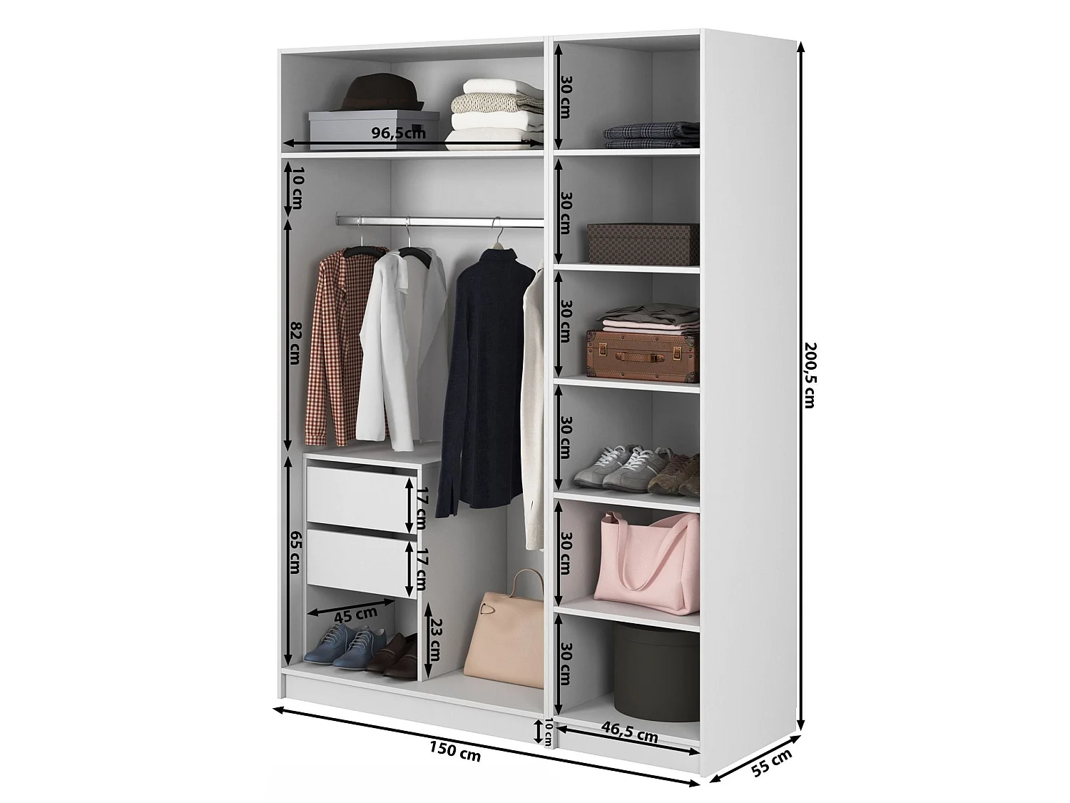 Armoire 3 portes avec longue tringle et tiroirs - 150 cm - noir - MOONIR