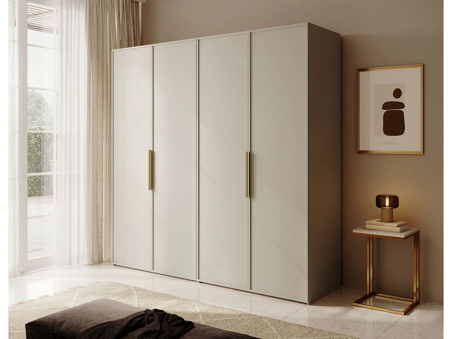 Armoire 4 portes avec 2 tringle et tiroirs - 200 cm - grège - FRAME