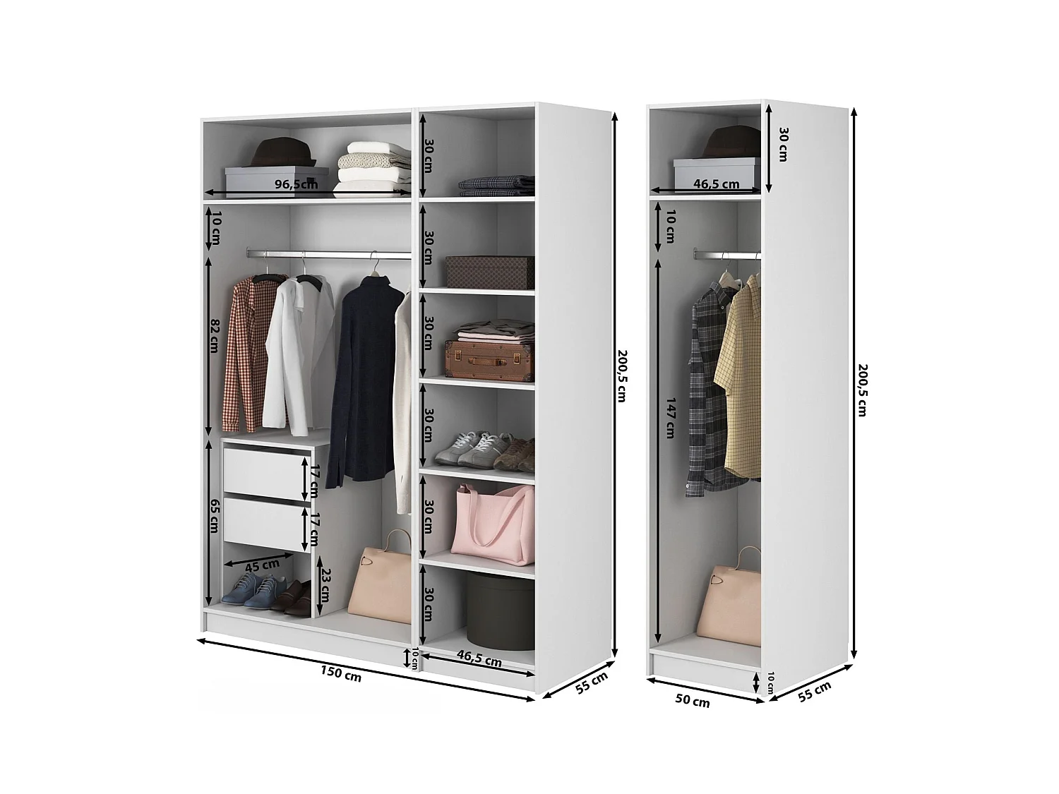 Armoire 4 portes avec 2 tringle et tiroirs - 200 cm - grège - FRAME