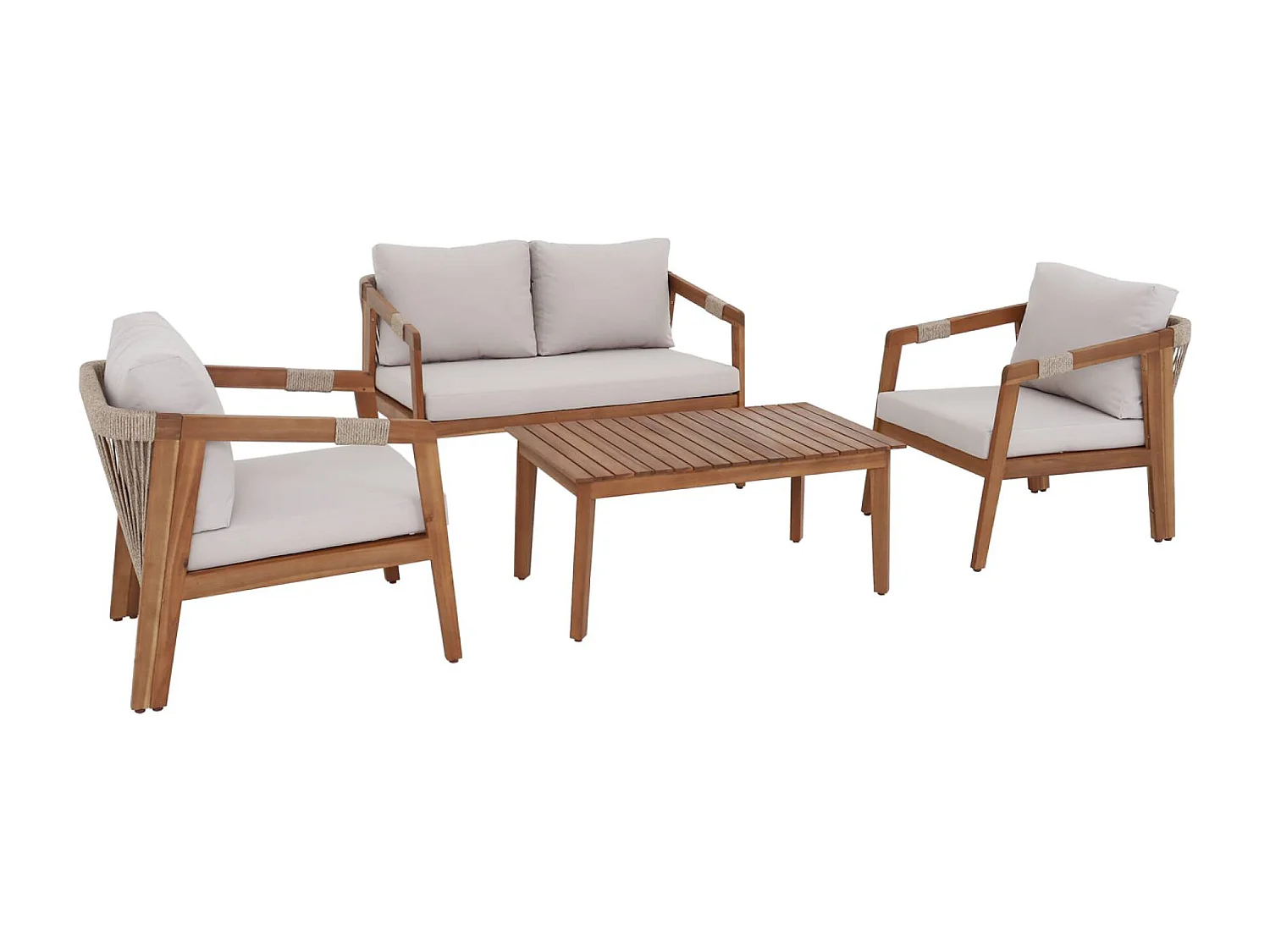 Salon de jardin en acacia 4 places beige avec cordes LOBERIA. table rectangulaire