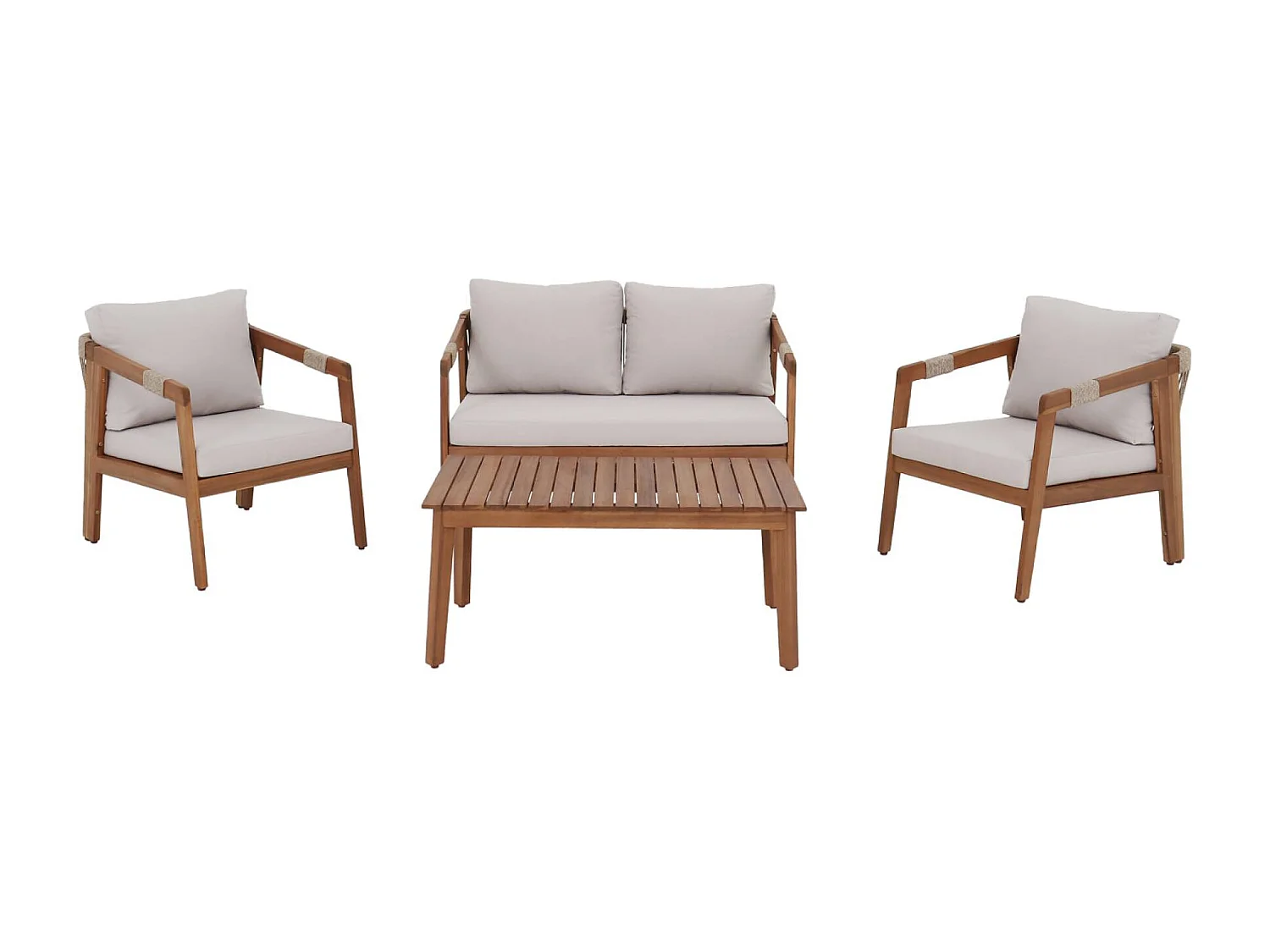 Salon de jardin en acacia 4 places beige avec cordes LOBERIA. table rectangulaire