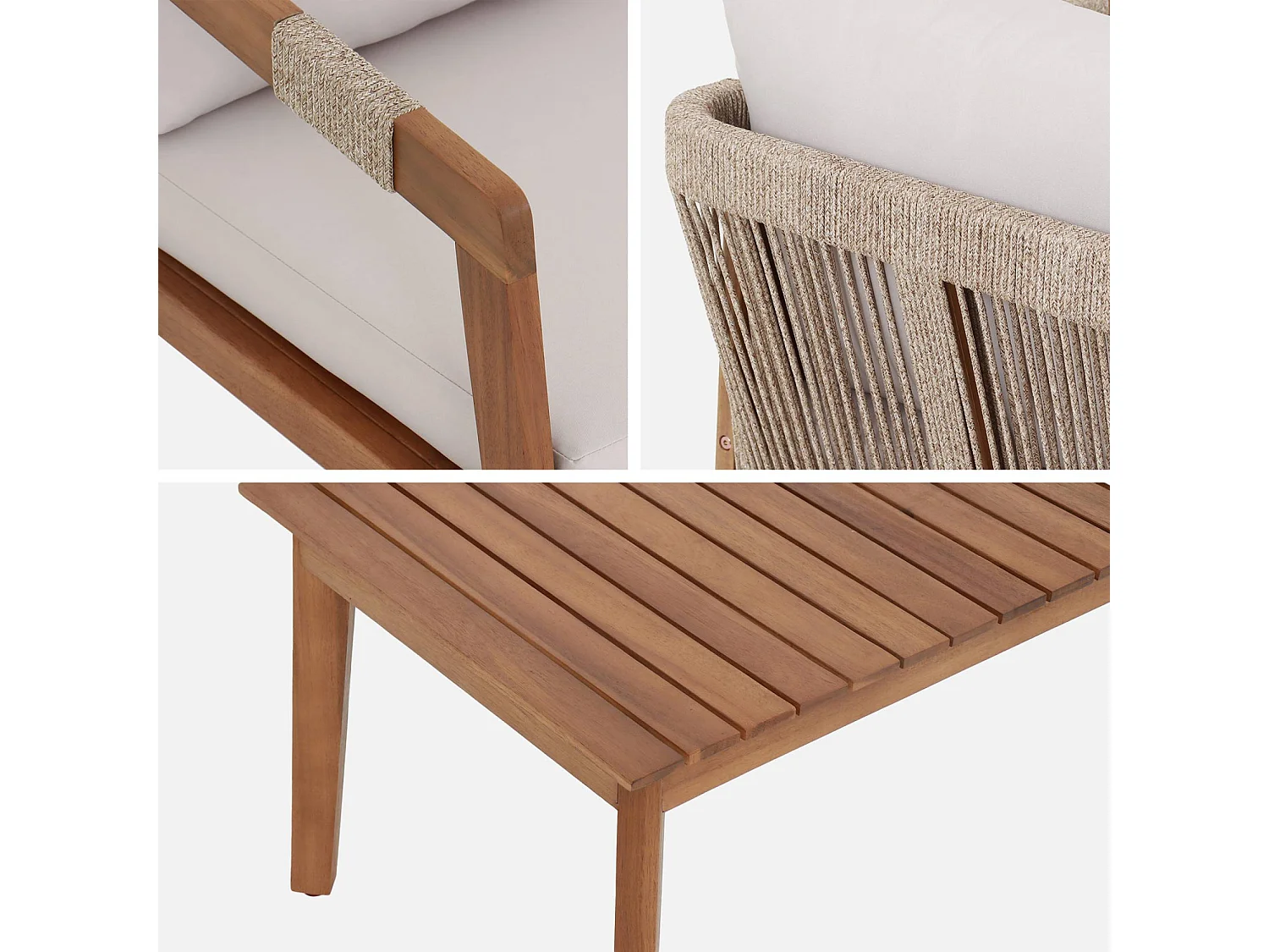 Salon de jardin en acacia 4 places beige avec cordes LOBERIA. table rectangulaire