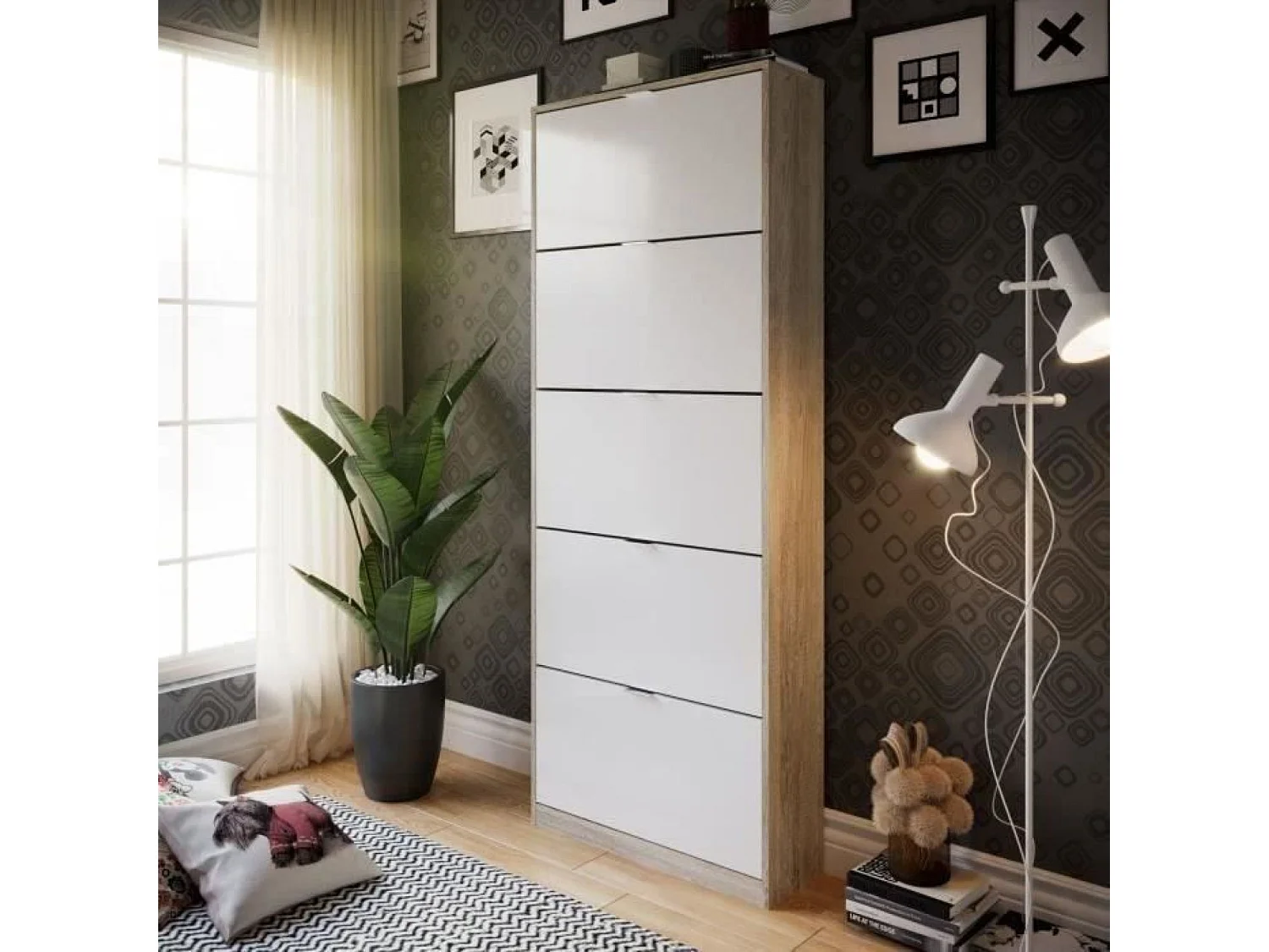 Schoenenkast 5 Deuren Eiken en Wit 75 x 24 x 190 cm