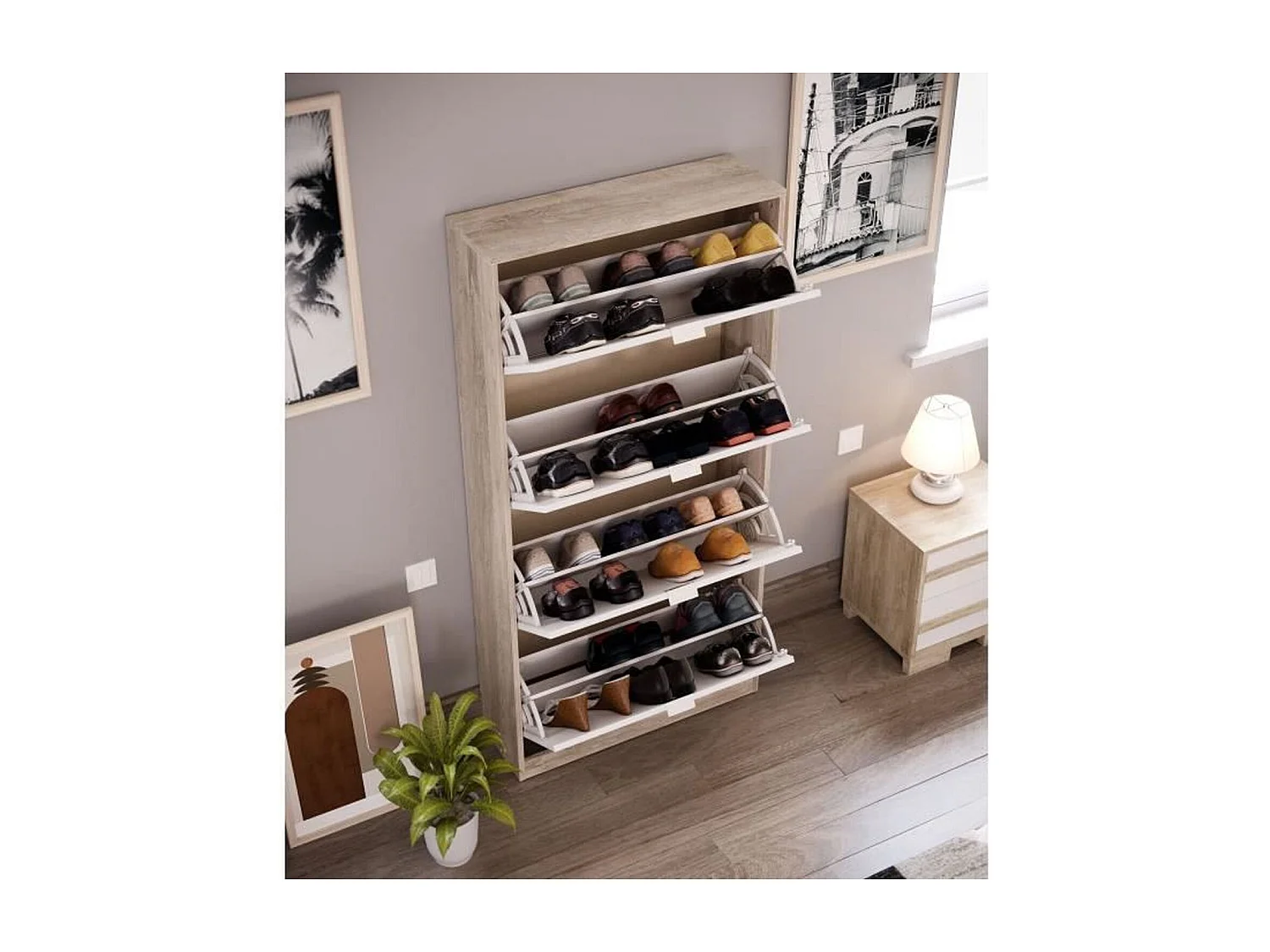 Meuble a chaussures - 4 Portes - Chene et blanc