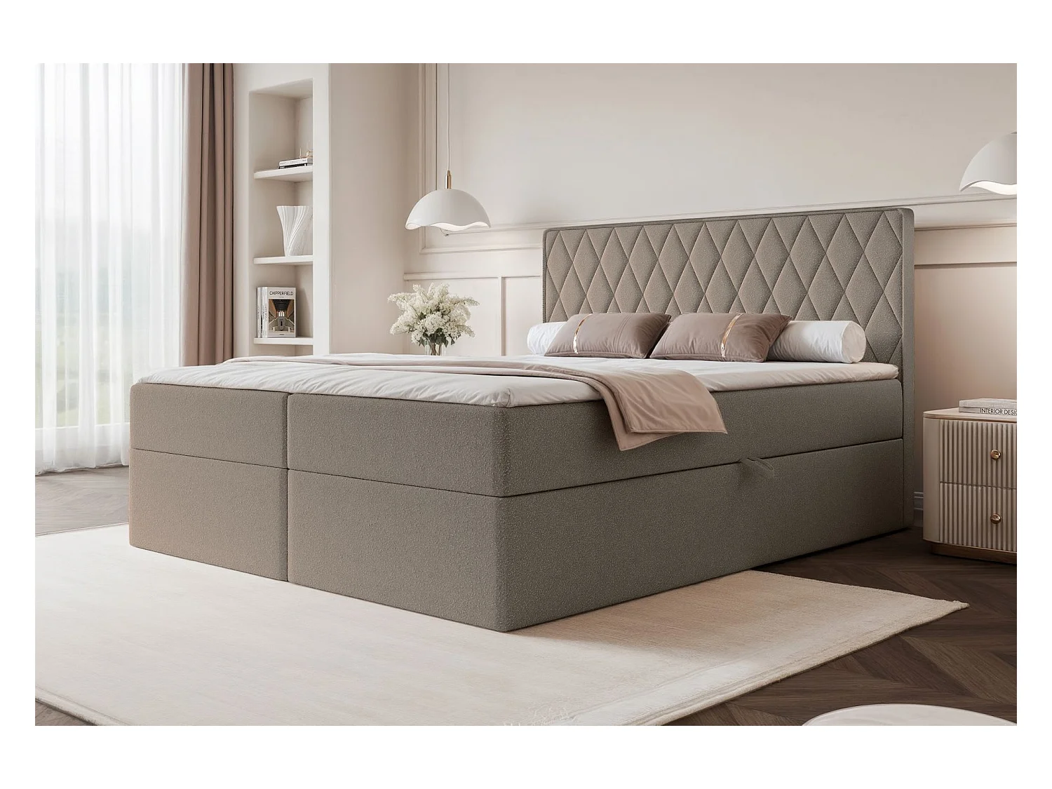 Lit continental - 160x200 cm - en tissu chenille marron clair - CARENZO