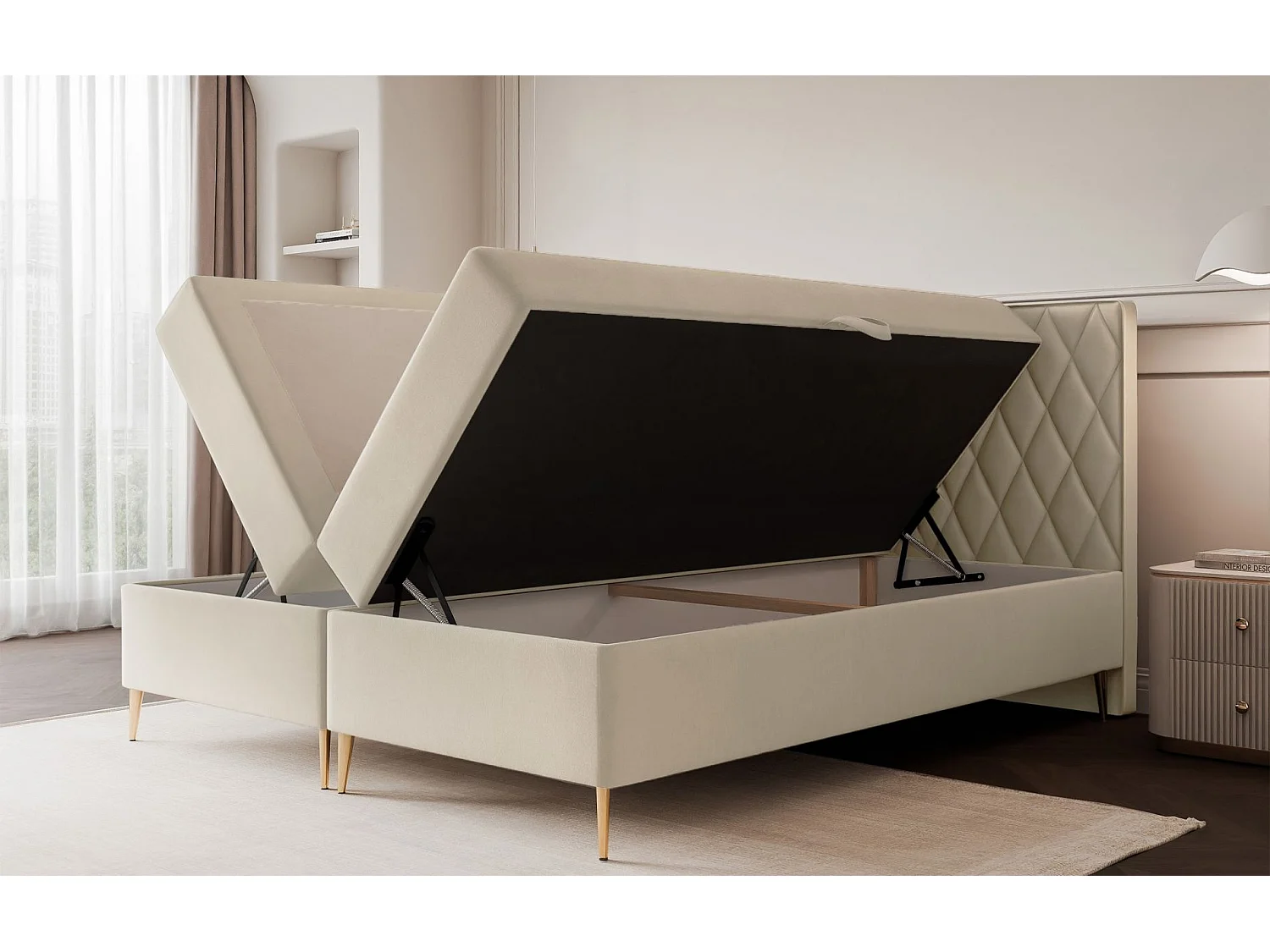 Continentaal bed - 160x200 cm - in beige chenillestof - CARESSO