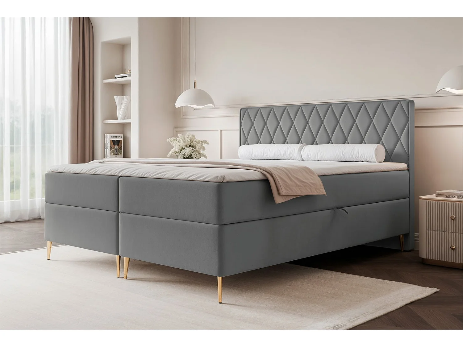 Continentaal bed - 180x200 cm - in blauwgrijze fluwelen stof - CARESSO