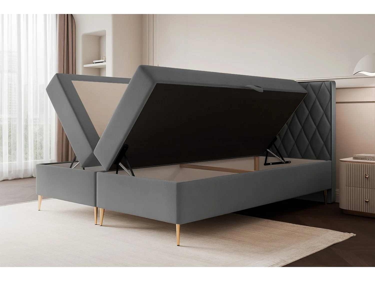 Continentaal bed - 180x200 cm - in blauwgrijze fluwelen stof - CARESSO