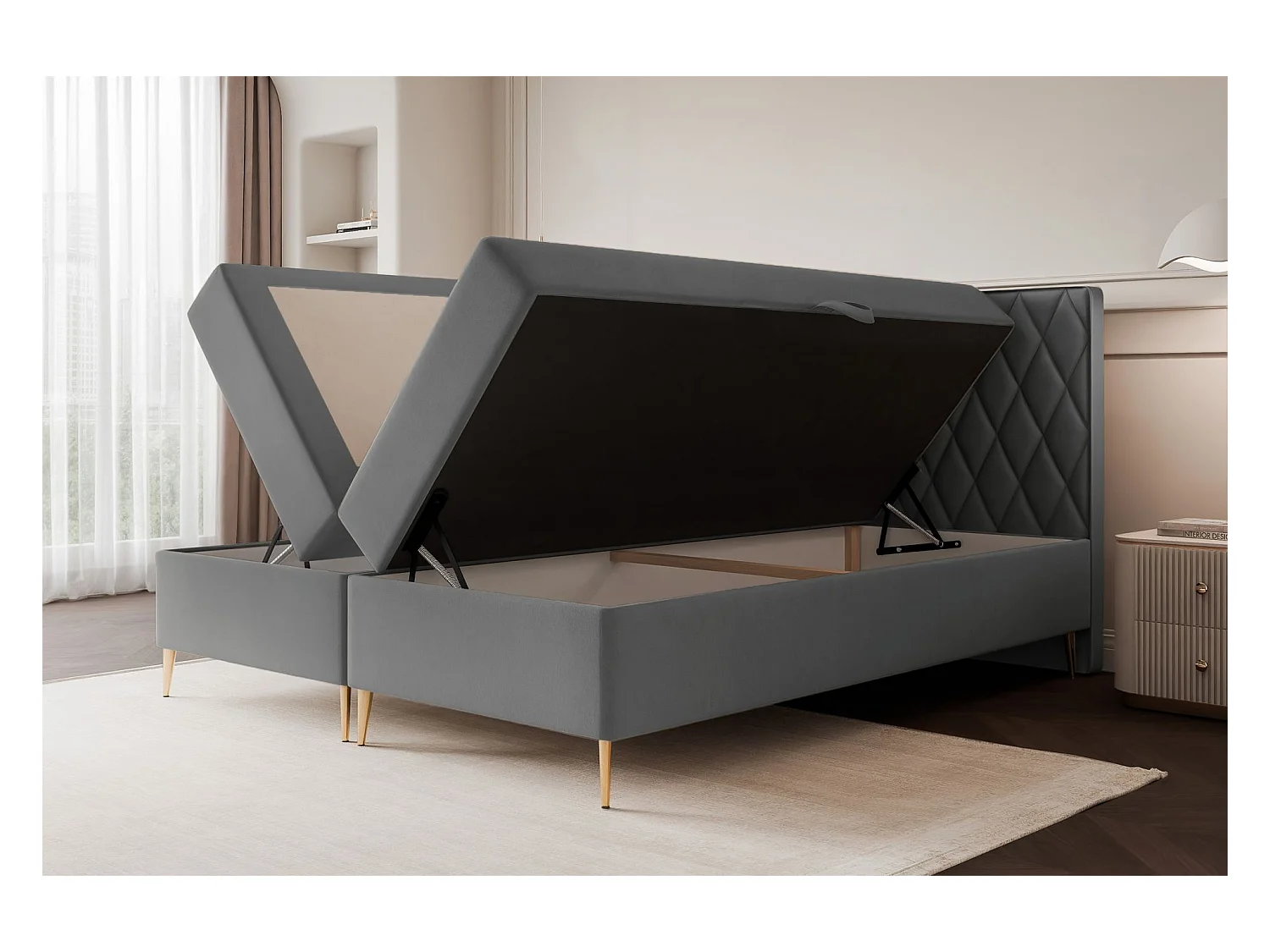 Lit continental - 180x200 cm - en tissu velours bleu gris - CARESSO