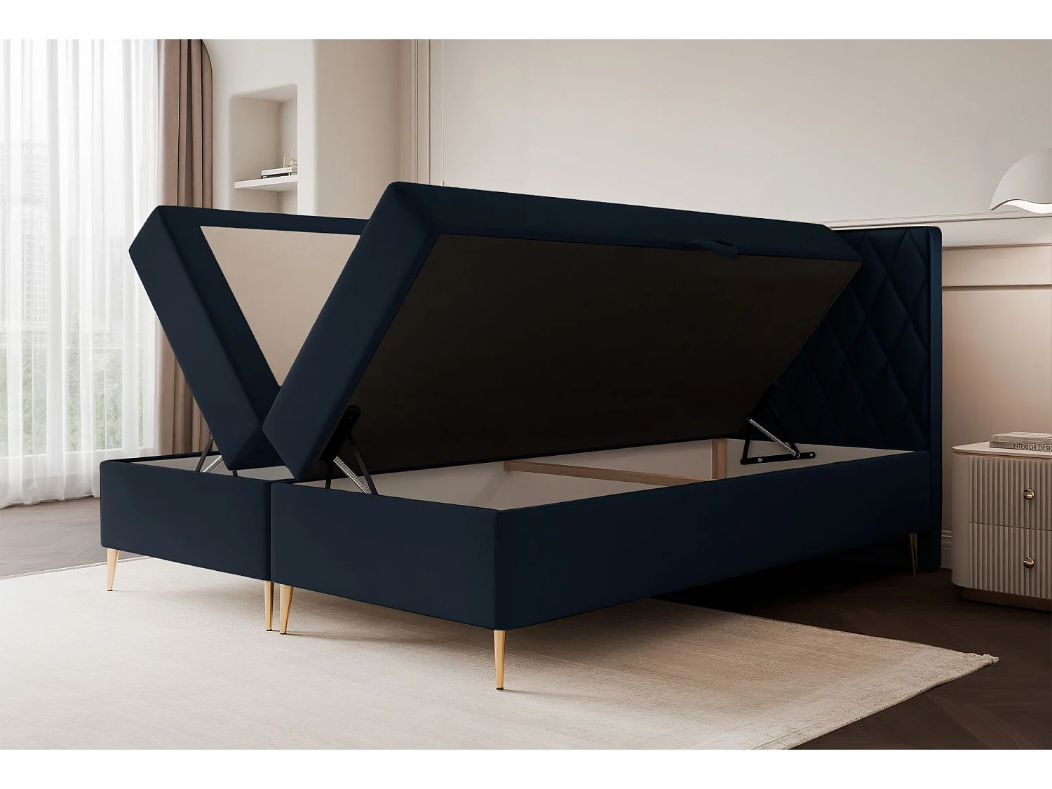 Continentaal bed - 180x200 cm - in marineblauwe fluwelen stof - CARESSO