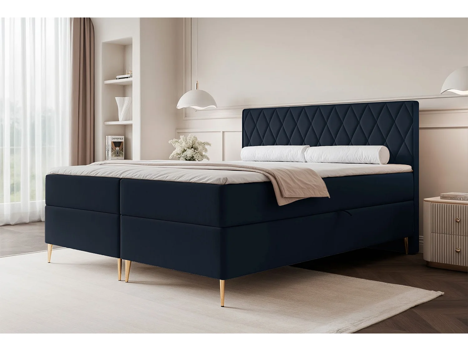 Continentaal bed - 140x200 cm - in marineblauwe fluwelen stof - CARESSO