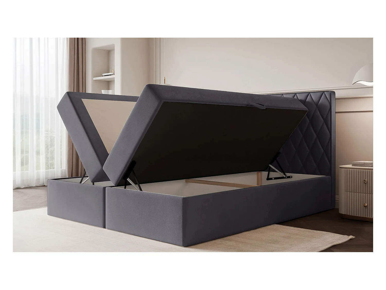 Lit continental - 180x200 cm - en tissu chenille beige - CARENZO