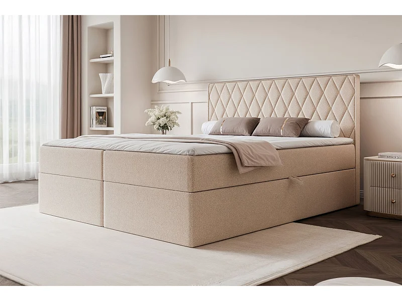 Lit continental - 180x200 cm - en tissu chenille beige - CARENZO