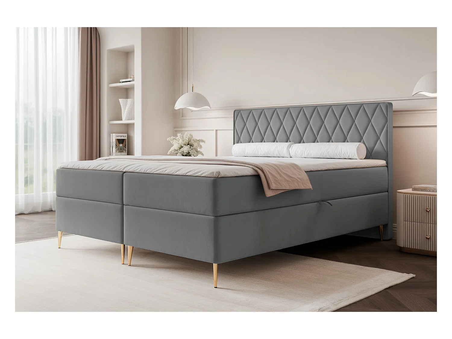 Continentaal bed - 160x200 cm - in blauwgrijze fluwelen stof - CARESSO