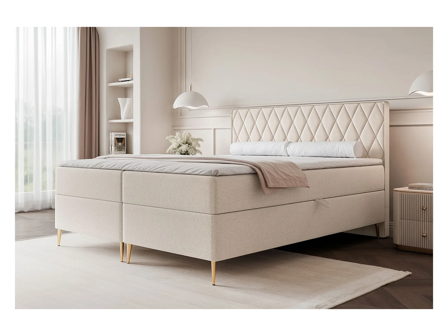 Lit continental - 160x200 cm - en tissu chenille crème - CARESSO