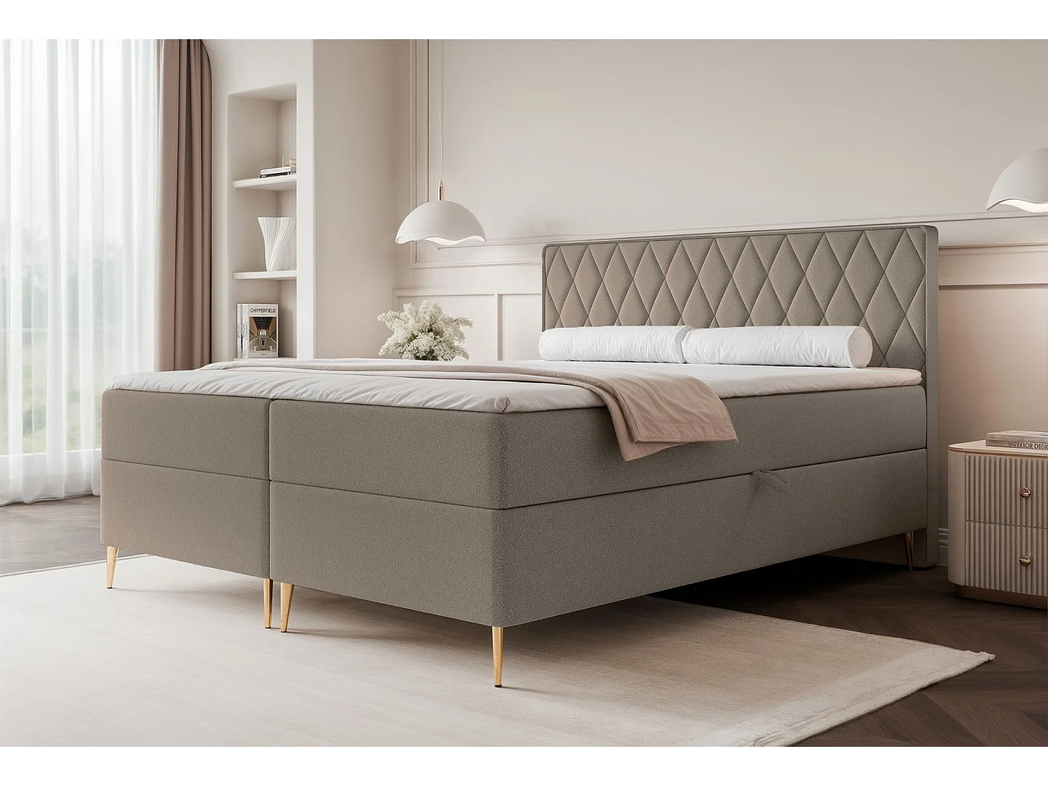 Lit continental - 140x200 cm - en tissu chenille marron clair - CARESSO