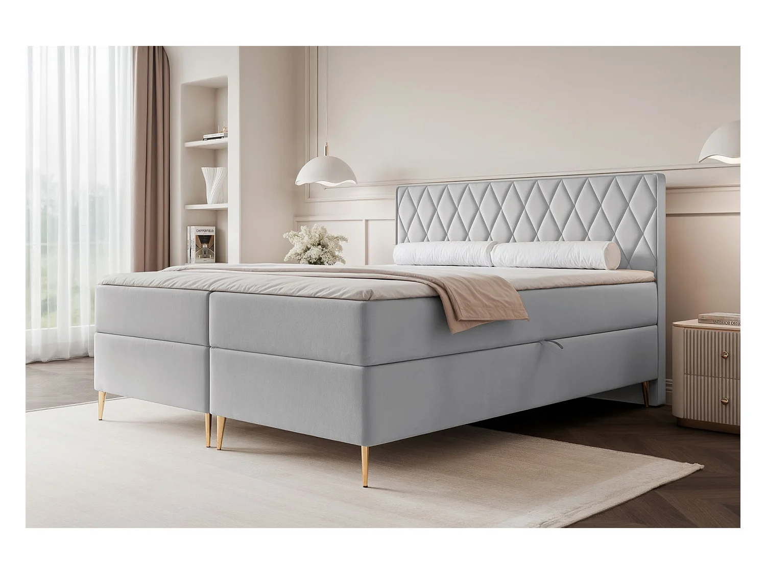 Continentaal bed - 160x200 cm - in grijze fluwelen stof - CARESSO