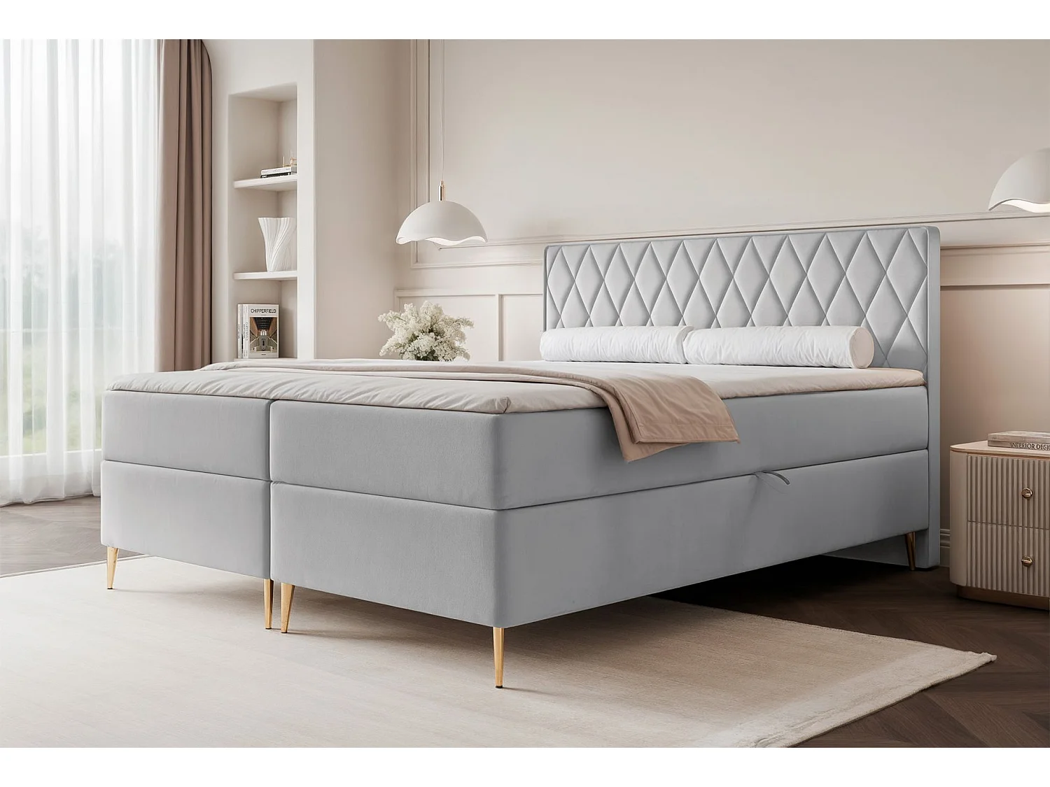 Lit continental - 160x200 cm - en tissu velours gris - CARESSO