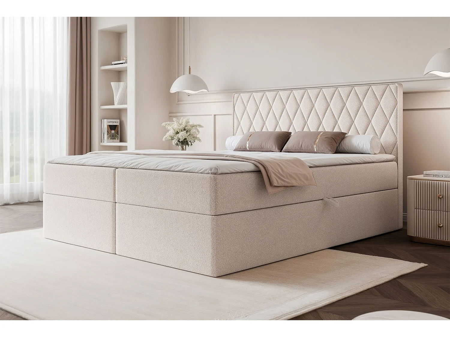 Continentaal bed - 180x200 cm - in crèmekleurige chenillestof - CARENZO