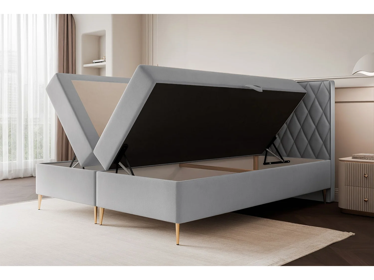 Lit continental - 140x200 cm - en tissu velours gris - CARESSO