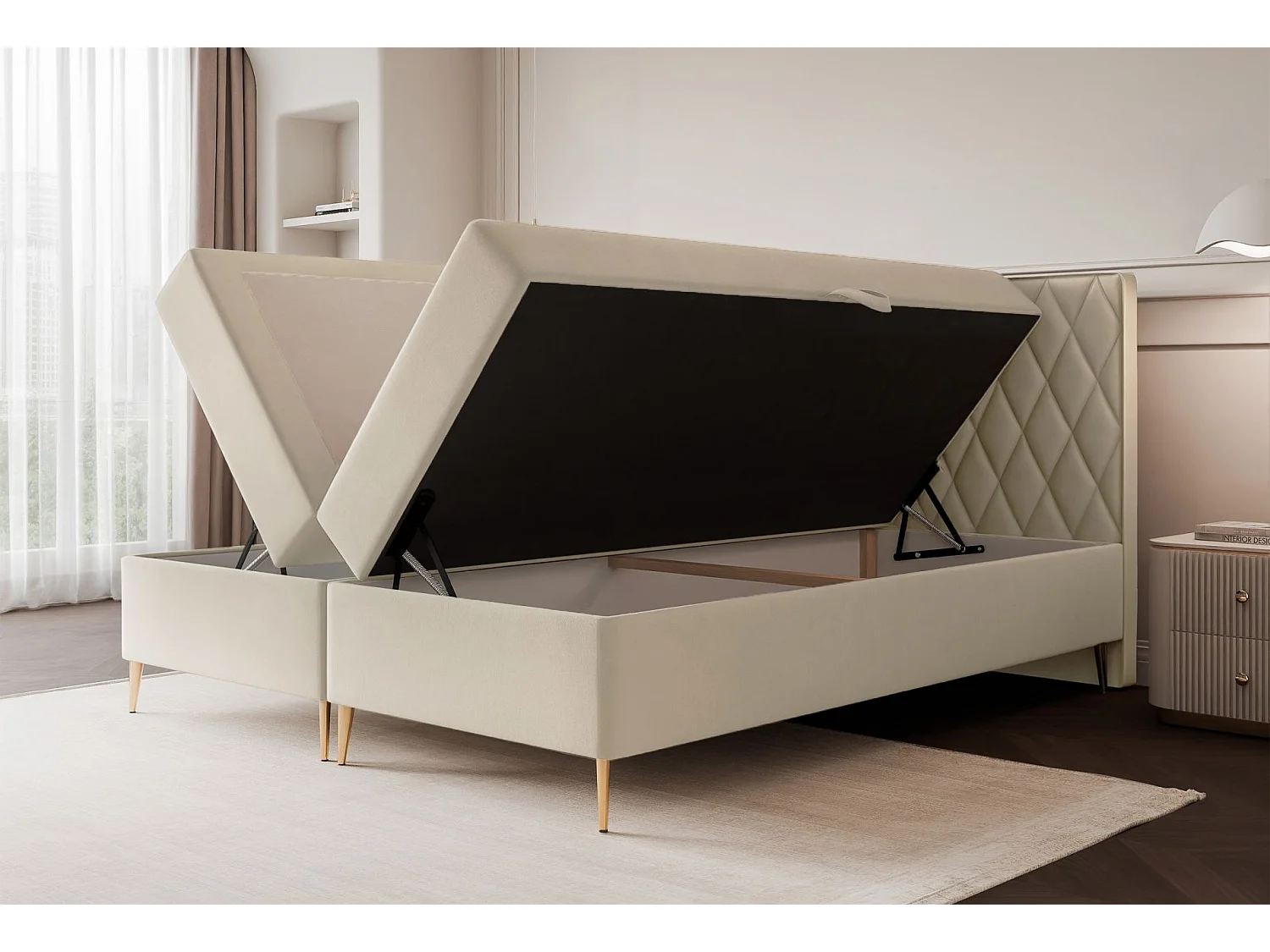 Lit continental - 140x200 cm - en tissu velours beige clair - CARESSO