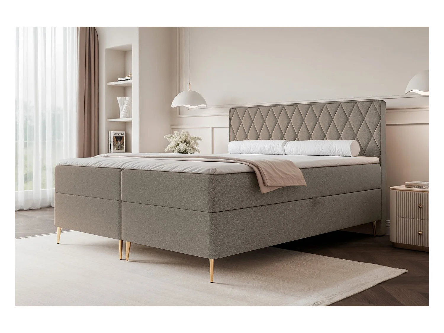 Lit continental - 160x200 cm - en tissu chenille marron clair - CARESSO